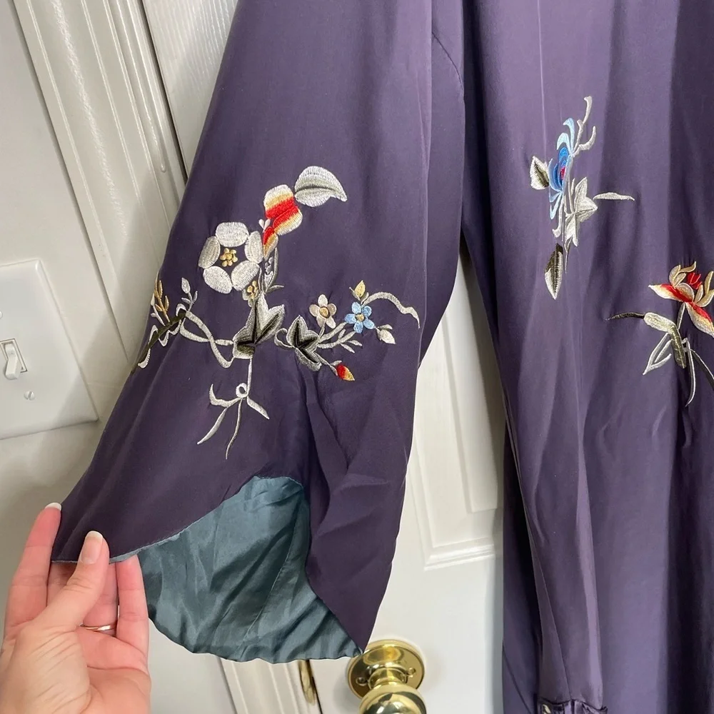 Soft Surroundings silk and embroidered kimono robe plum and tea | L - Picture 2 of 14